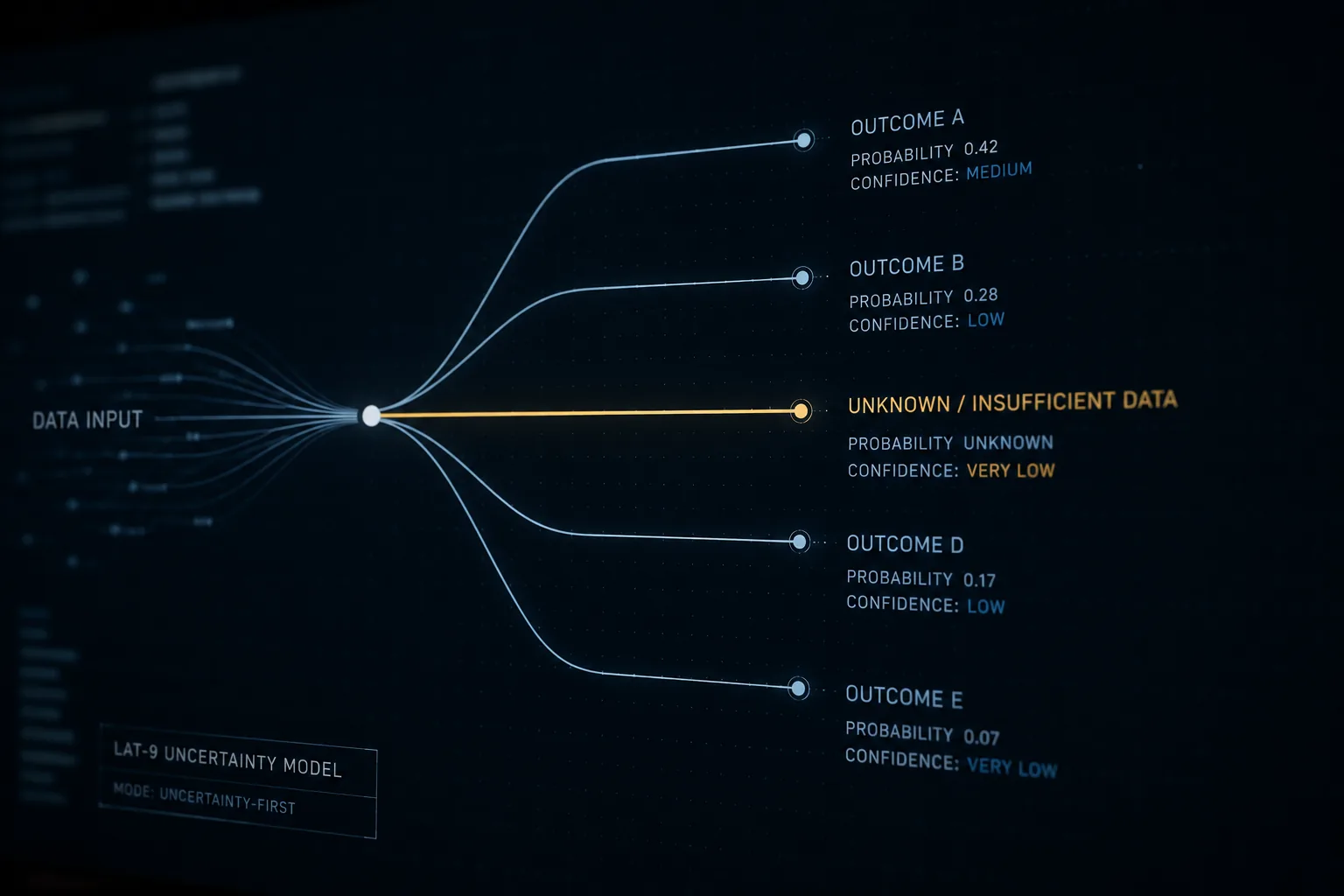 An abstract branching data visualization showing multiple possible AI outcomes and an unknown path
