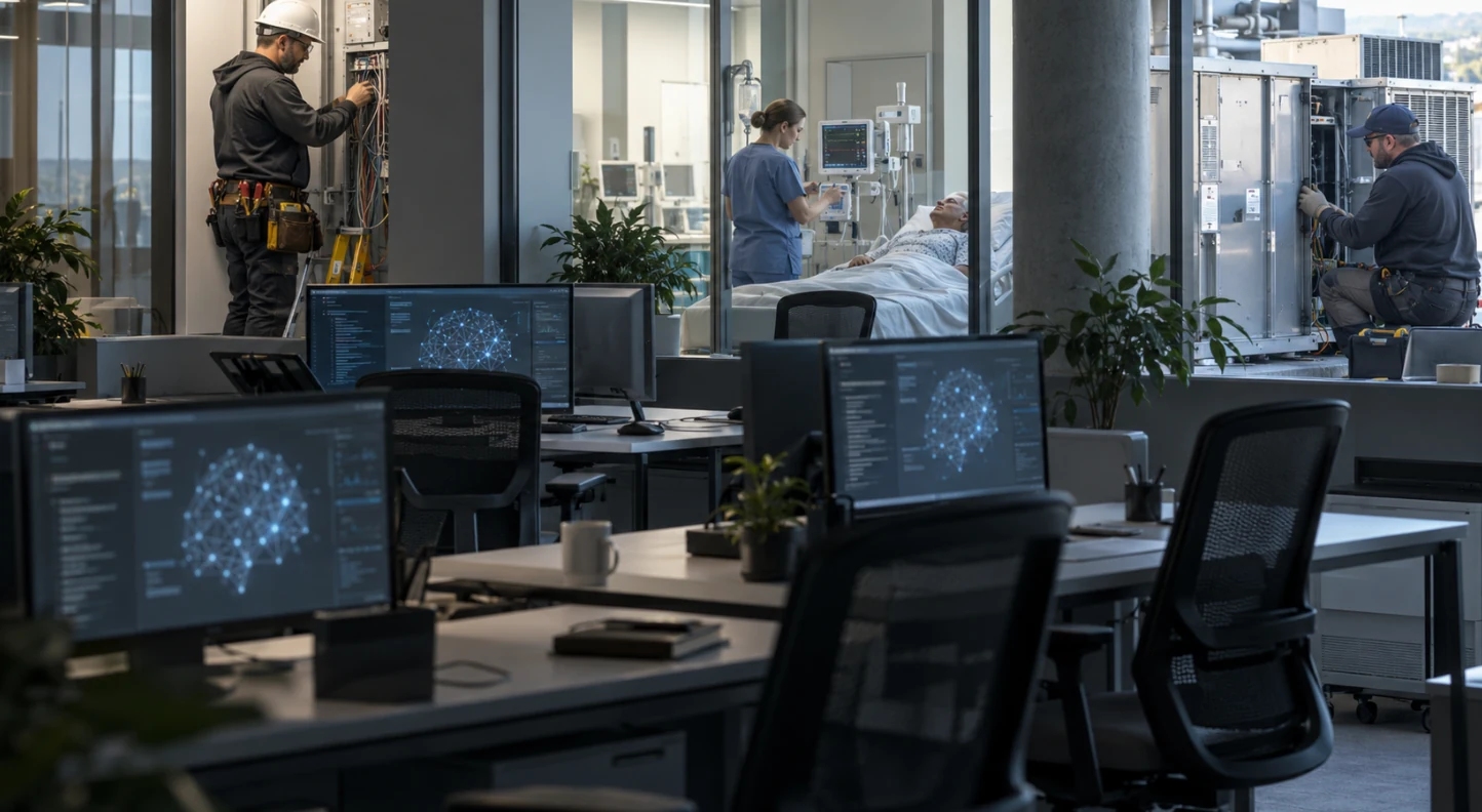 Empty office workstations with AI systems running while an electrician, nurse and HVAC technician work nearby