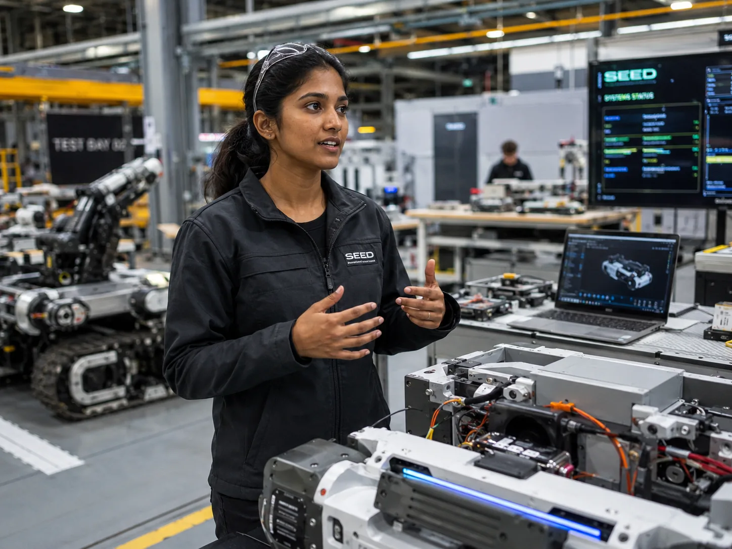 Engineer Anika Rao speaking beside an automated robotics test system