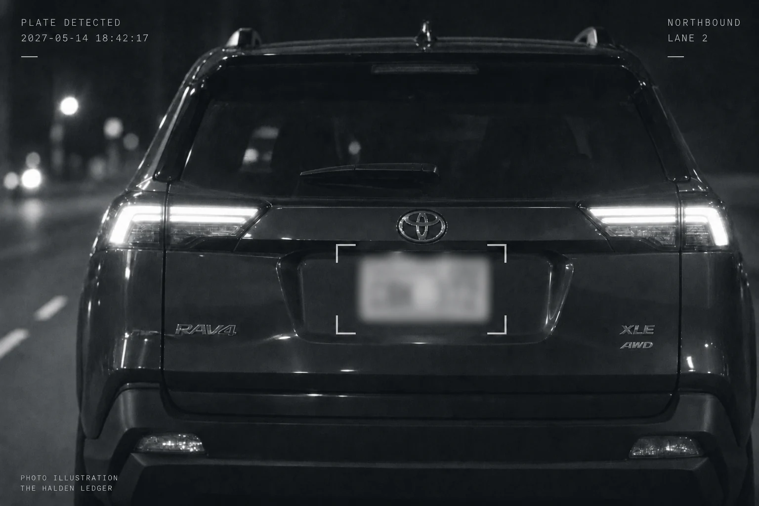 Photo illustration of an automated license-plate reader detecting a vehicle plate