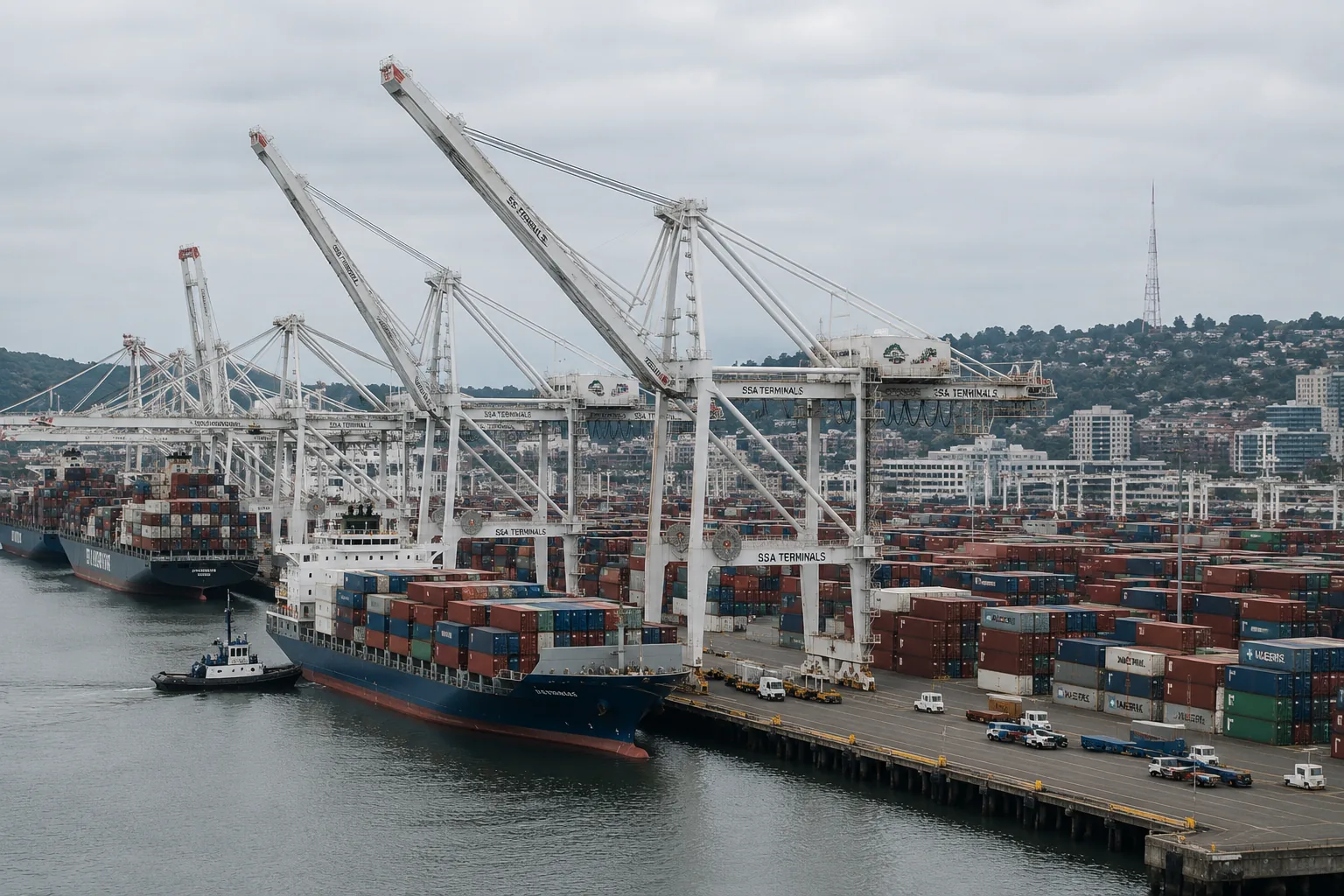 Container ships and gantry cranes at a busy West Coast cargo port