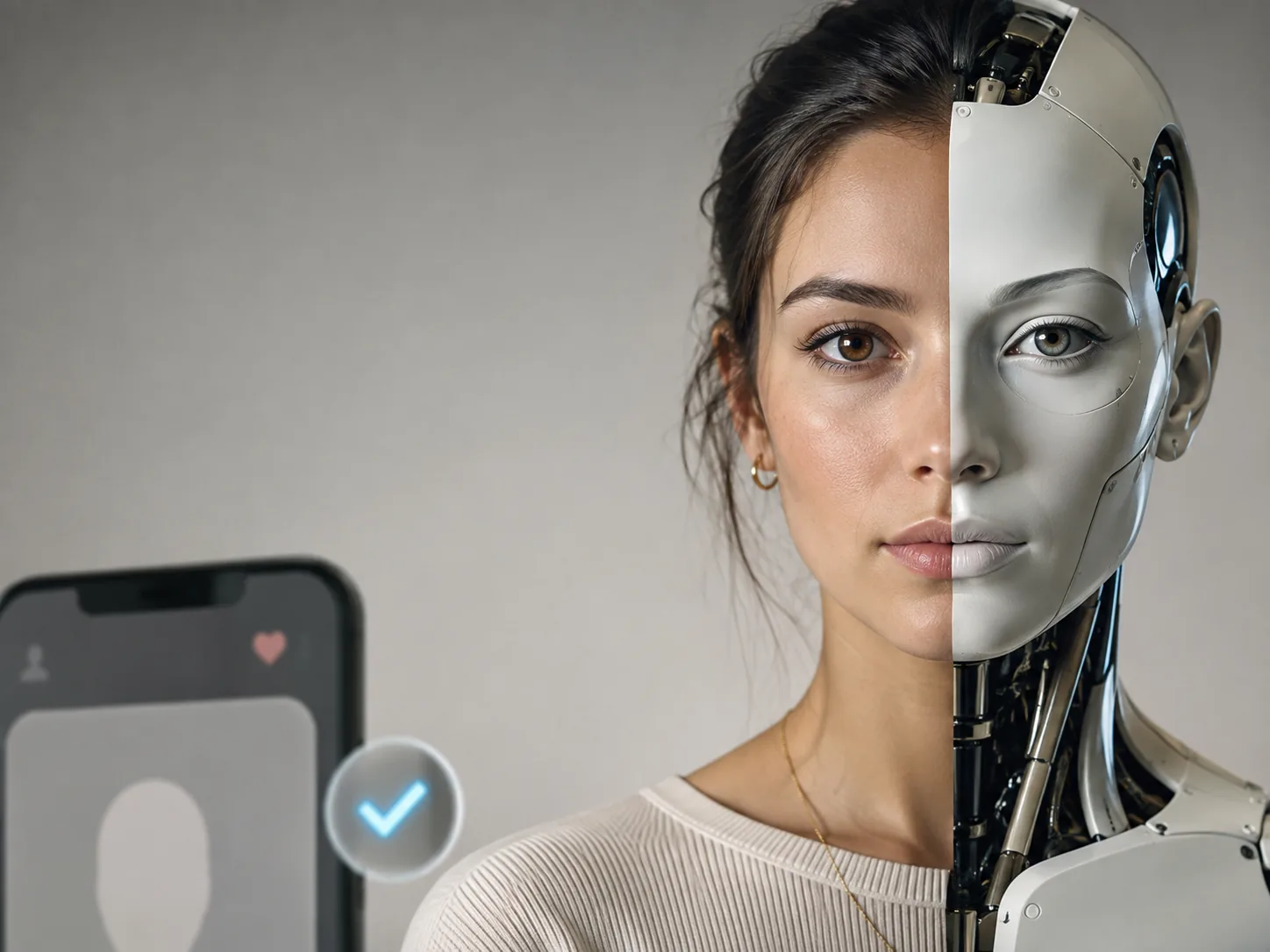 A portrait split between a human and an android, representing human verification on dating apps