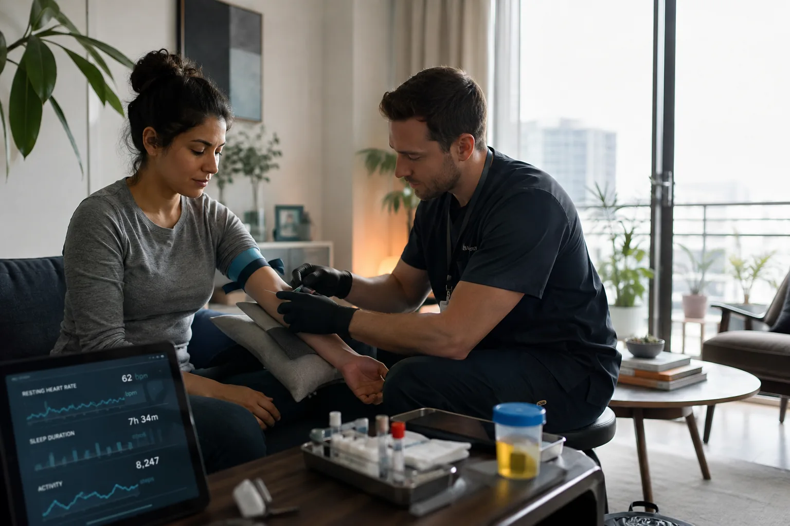 A mobile healthcare technician drawing blood from a patient during an in-home medical visit