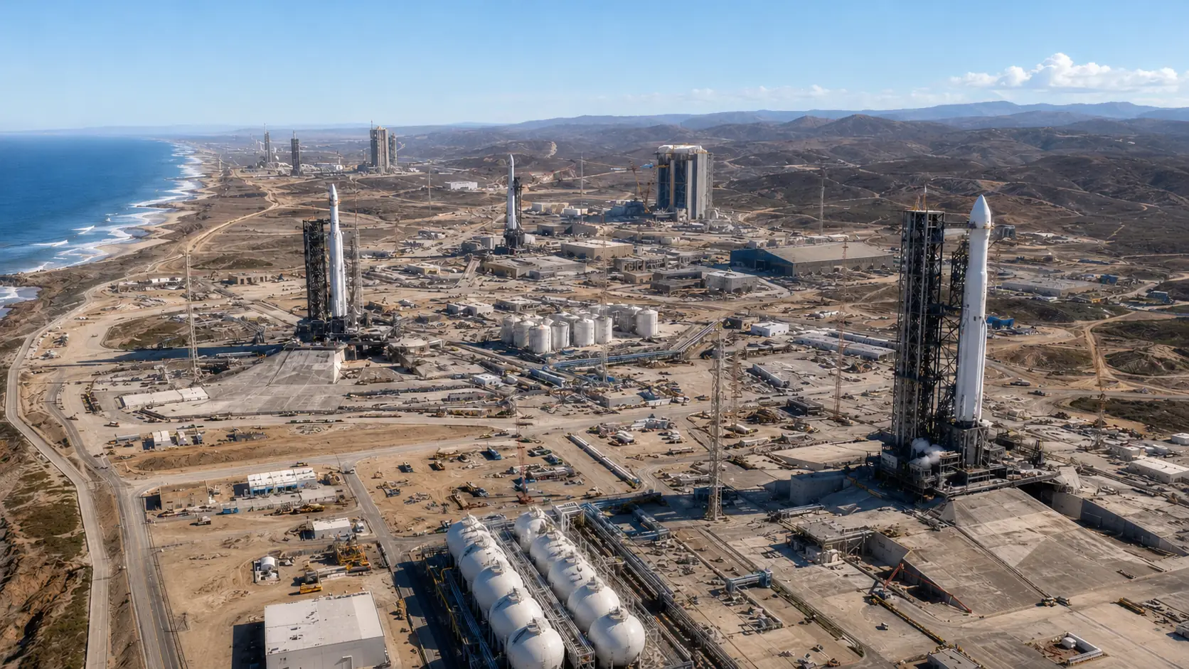 A wide daytime view of Horizon Point, showing multiple launch pads, rockets, industrial buildings, propellant tanks and coastal infrastructure