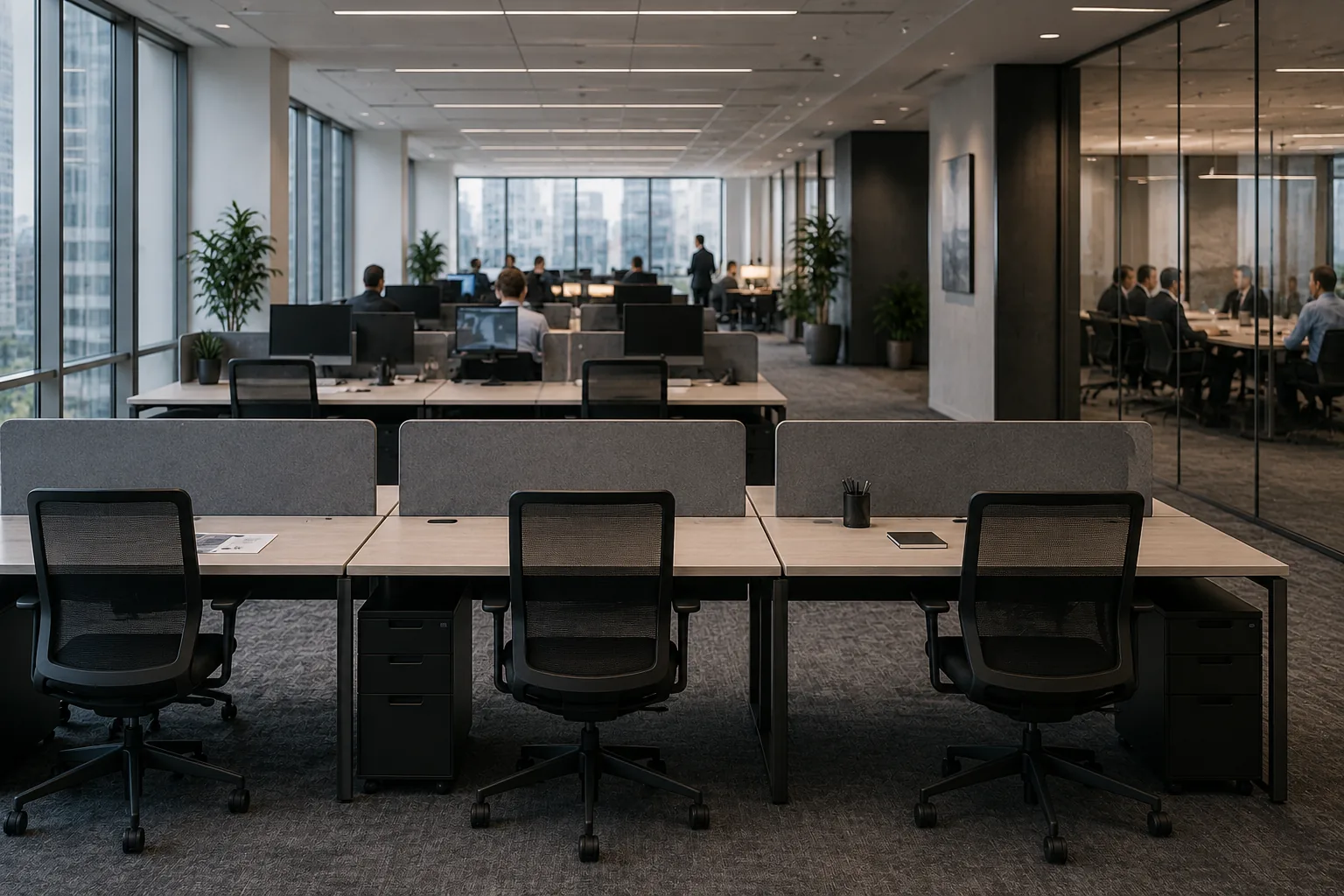 Empty junior workstations in the foreground of a modern office while employees work farther back