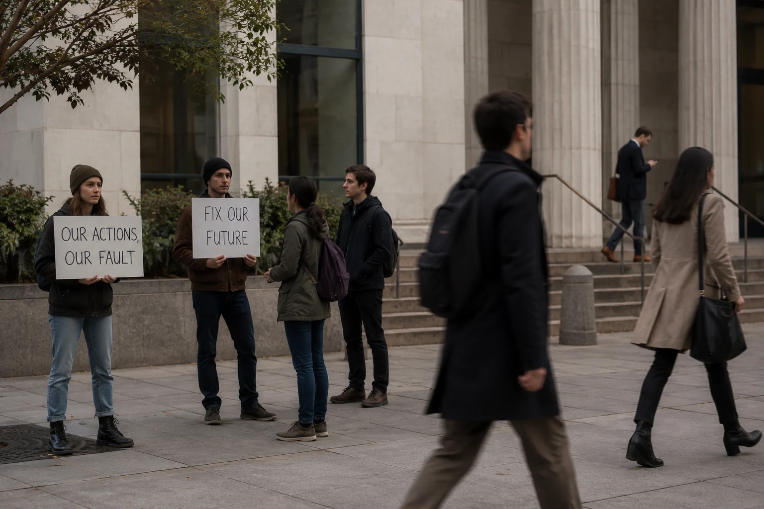 A small protest outside a public building
