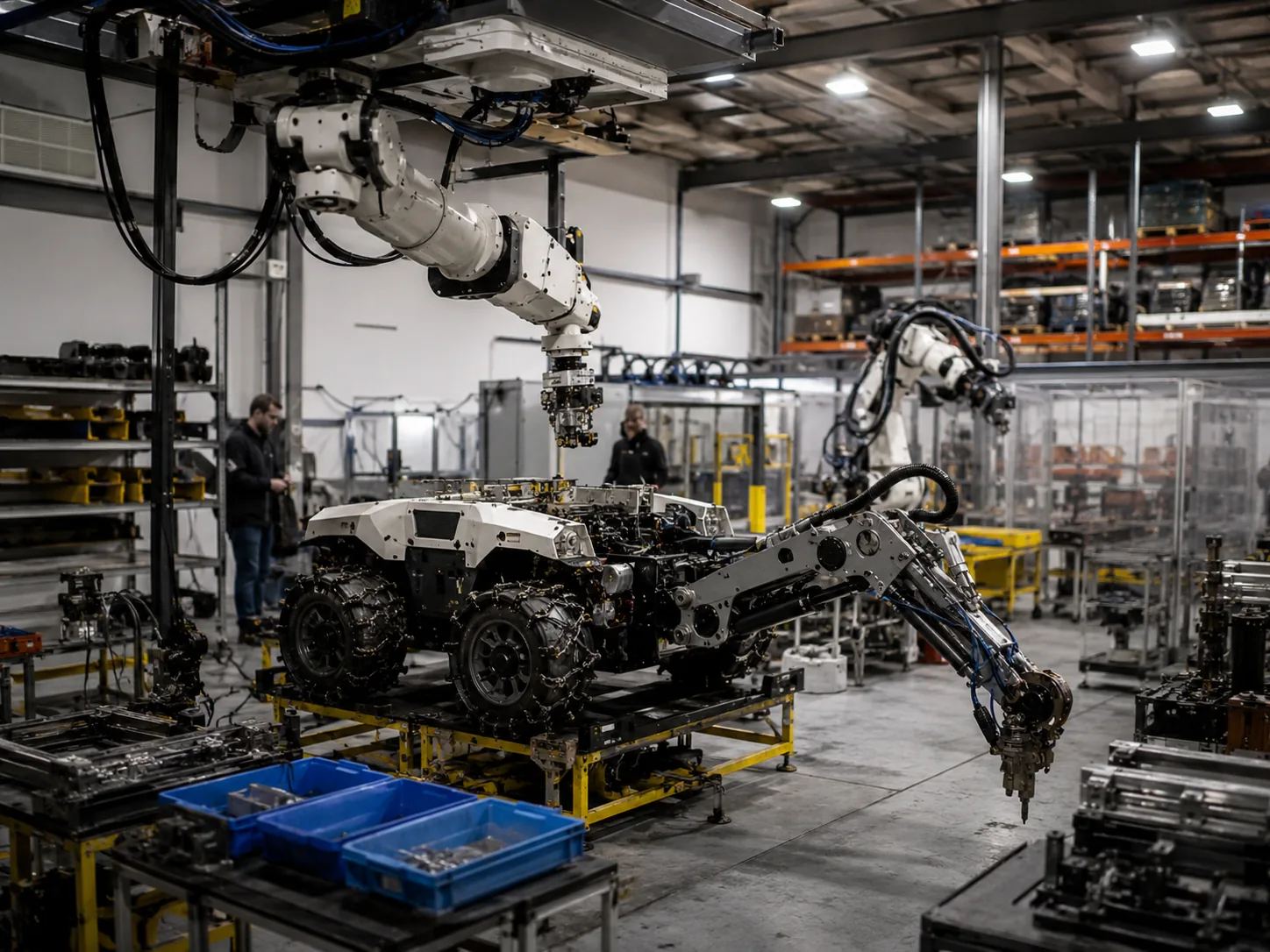 Automated warehouse assembly line building a compact mining robot