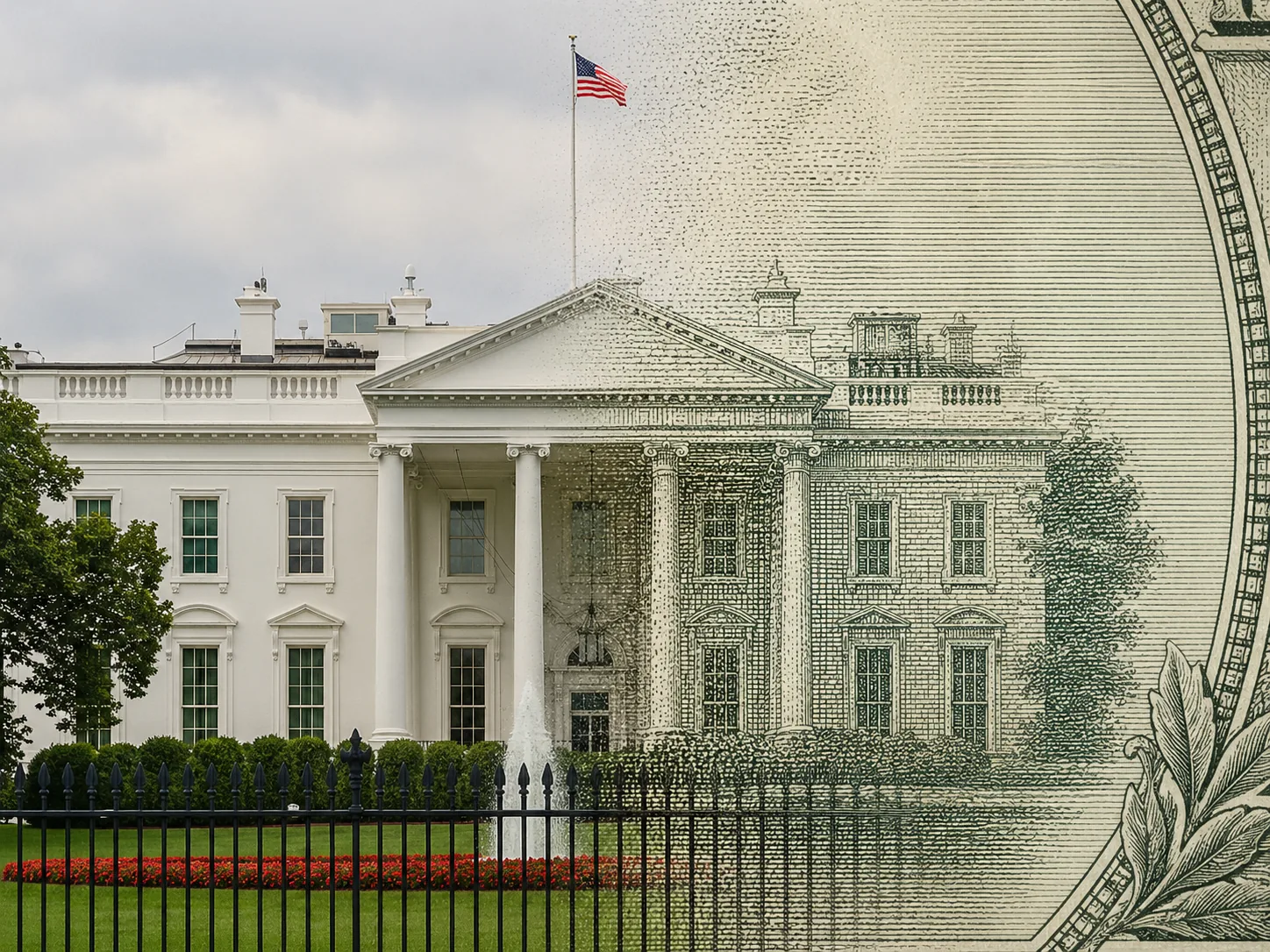 The White House fading into the engraved design of a dollar bill