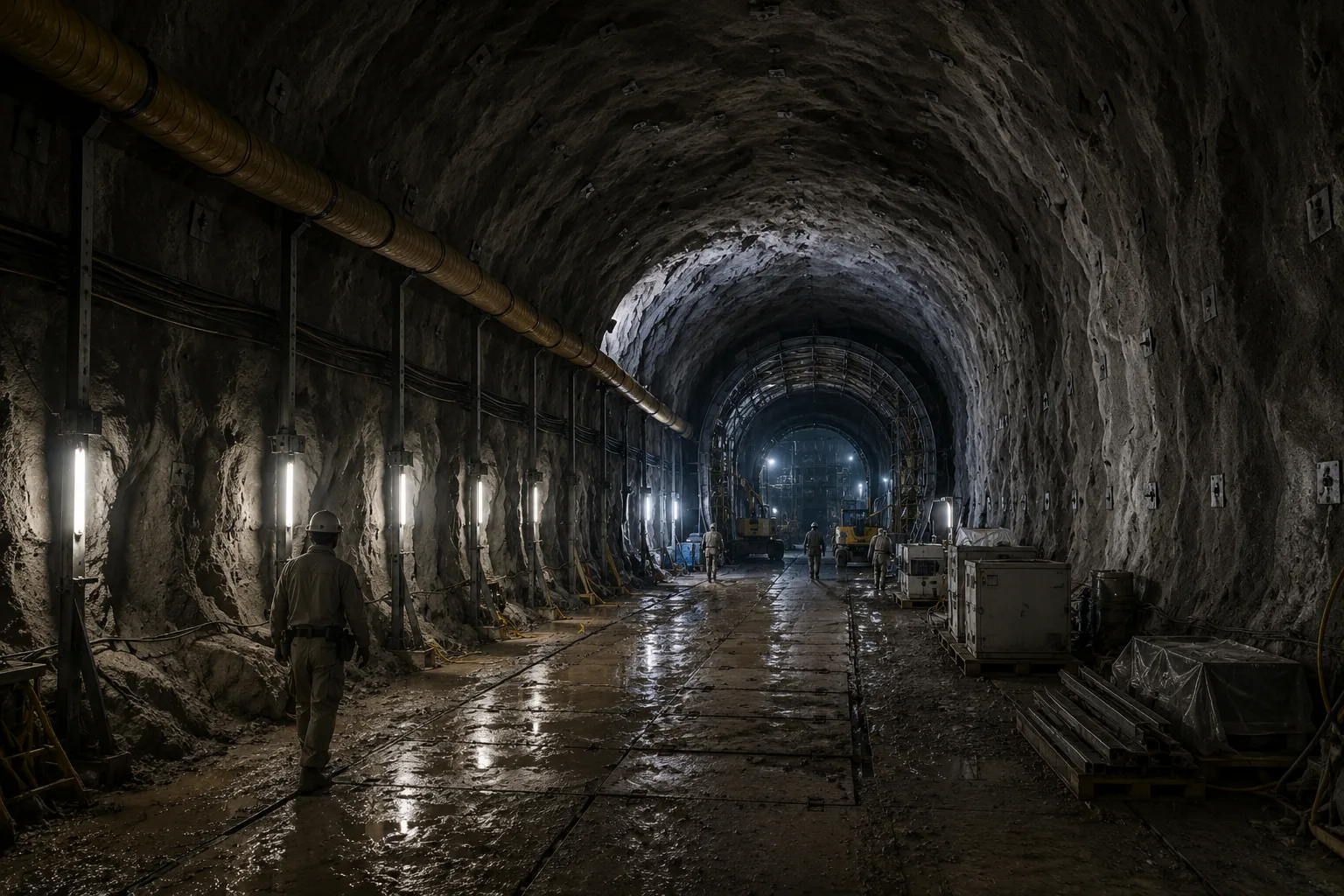 An unfinished excavated construction chamber inside Themelion Base