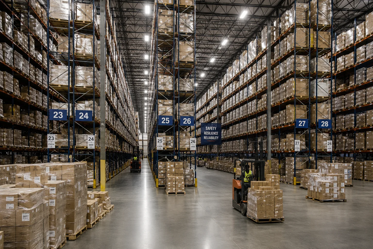 A large warehouse filled with palletized inventory and backup stock